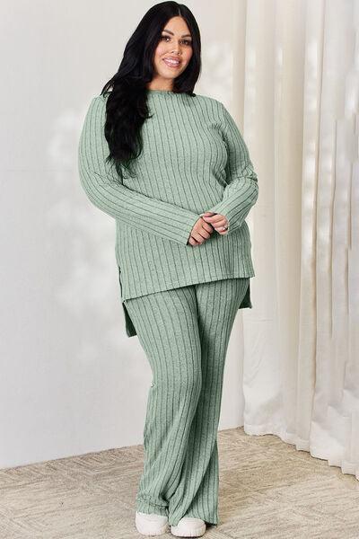 Basic Bae Full Size Ribbed High-Low Top and Wide Leg Pants Set - Mint&Lace