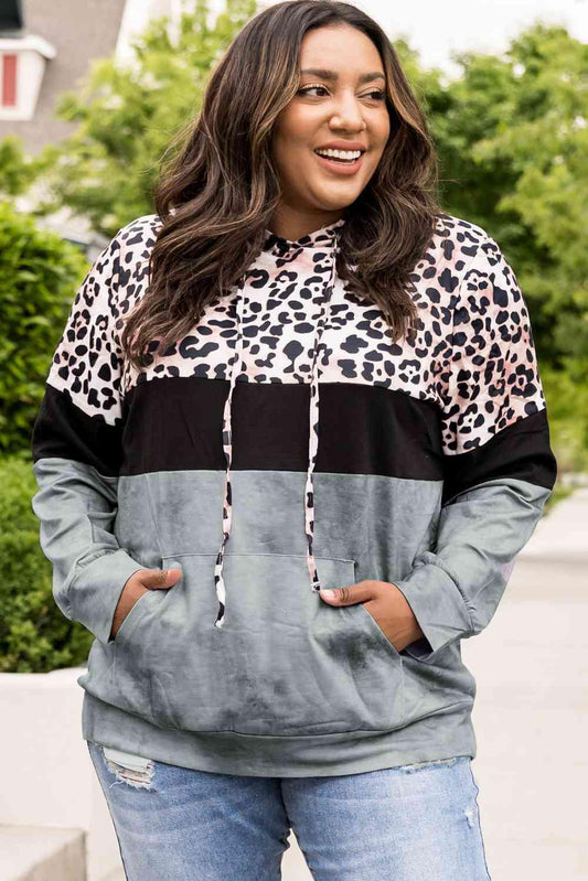 Plus Size Leopard Print Color Block Hoodie with Kangaroo Pocket - Mint&Lace