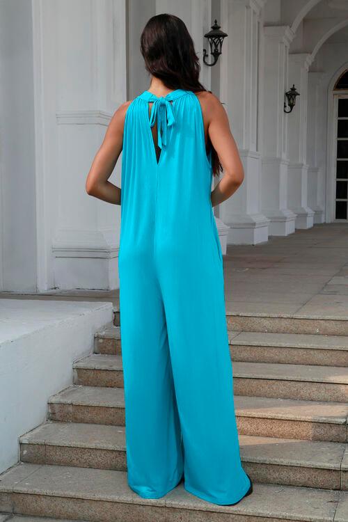 Double Take Full Size Tie Back Cutout Sleeveless Jumpsuit - Mint&Lace