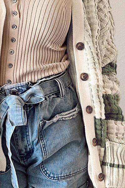 Plus Size Striped Button Up Dropped Shoulder Cardigan - Mint&Lace