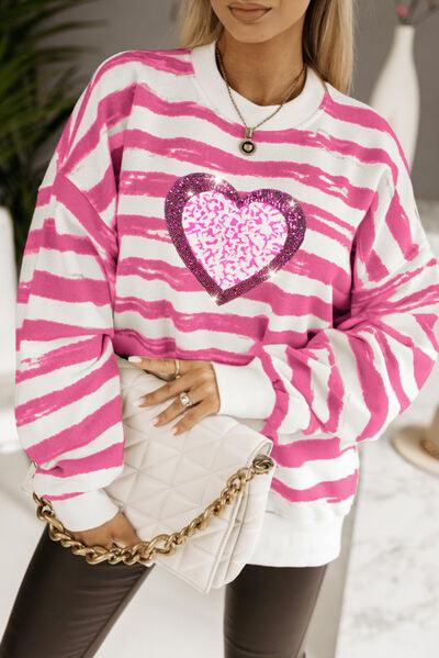 Heart Sequin Striped Dropped Shoulder Sweatshirt - Mint&Lace