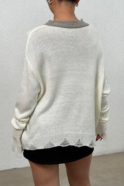 Distressed V-Neck Dropped Shoulder Sweater - Mint&Lace