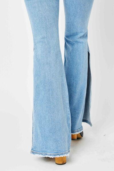 Judy Blue Full Size Mid Rise Raw Hem Slit Flare Jeans - Mint&Lace