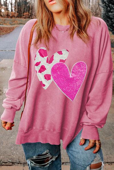 Plus Size Heart Sequin Round Neck Sweatshirt - Mint&Lace
