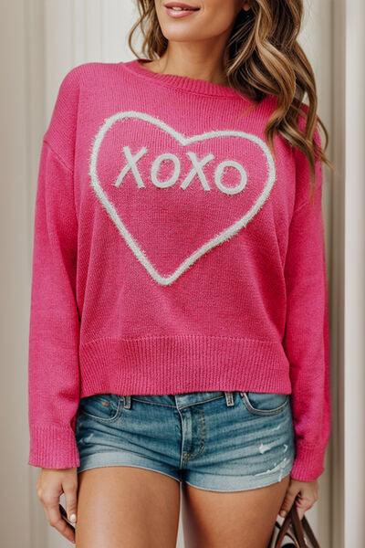 XOXO Heart Round Neck Dropped Shoulder Sweater - Mint&Lace