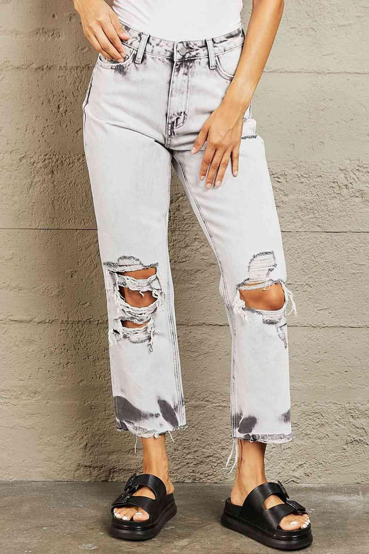 BAYEAS Acid Wash Accent Cropped Mom Jeans - Mint&Lace